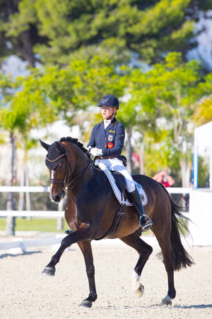 Hannah Erbe from Germany steered Carlos to three-time Junior gold at the FEI European Dressage Championships for Young Riders, Juniors and Children 2016 at Valencia (ESP). Photo by FEI/Leanjo de Koster