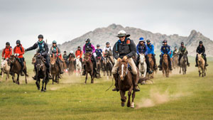 Forty-one riders from 13 countries galloped across the start line at 11:00 a.m. (local time) in the 8th Mongol Derby, featured in the Guinness Book of Records as the world’s longest and toughest horse race. Photo by Saskia Marloh