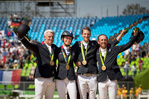 Roger Yves Bost, Penelope Leprevost, Kevin Staut and Philippe Rozier secured Olympic Jumping team gold for France for only the second time in the history of the Games at Deodoro Olympic Park in Rio de Janeiro (BRA). Photo by Dirk Caremans/FE