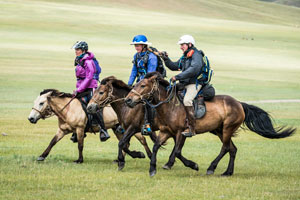 Heidi Telstad of British Columbia (middle) is at the final horse station before the finish in the Mongol Derby. Photo by Richard Dunwoody