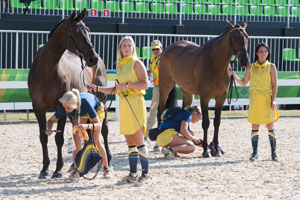 Sweden’s Frida Andersen (left) and Sarah Algotsson Ostholt (right) attracted the full attention of the photographers during today’s Eventing first horse inspection at Deodoro Olympic Park in Rio de Janeiro (BRA). Photo by FEI/Richard Juillart