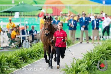 Groom, Sarah-Lee Hamelin jogs Robyn Andrews’ mount, Fancianna, during the horse inspection at the Rio 2016 Paralympic Games on Sept. 10. © Jon Stroud