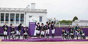 London 2012 Team podium, Great Britain in gold, Germany in silver and Ireland in bronze. Photo by FEI/Liz Gregg