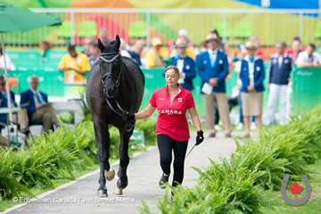 Lauren Barwick’s Rio 2016 Paralympic Games partner, Onyx, is presented by groom, Traudel Bongers in the horse inspection. © Jon Stroud