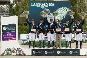 Team Brazil’s Rodrigo Pessoa, Stephan de Freitas Barcha, Yuri Mansur and Pedro Veniss, led by Chef d’Equipe Caio Carvalho, won the Longines Challenge Cup to bring the Furusiyya FEI Nations Cup™ Jumping Final 2016 to a close at the Real Club de Polo in Barcelona (ESP). Photo by Dirk Caremans/FEI