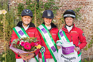 The victorious German team at Waregem (BEL), the eighth and penultimate leg of the 2016 FEI Nations Cup™ Eventing. L-R Leonie Kuhlmann (Cascora), Stephanie Böhe (Haytom), Franziska Keinki (Lancaster 149). Photo by Eventing Photo/FEI