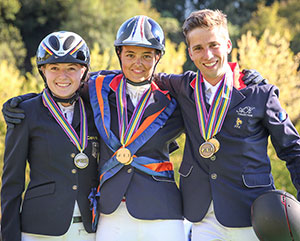 An abundance of medals! On the Young Riders podium at the FEI European Eventing Championships for Juniors and Young Riders 2016 in Montelibretti (ITA) yesterday: (L to R) individual silver medallist Hella Meise (GER), individual and team gold medallist Marie Charlotte Fuss (FRA) and individual bronze and team gold medallist Alexis Goury (FRA). Photo by Massimo Argenziano/FEI