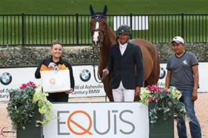 Harold Chopping, Salvador Navor, and Basje are presented with the Equis Boutique Best Presented Horse Award by Alex West of Equis Boutique after competing in CSI 3* competition at TIEC. Photo by Sportfot