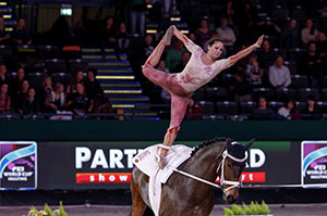Germany’s Kristina Boe put on a dominating display in her zombie characterisation on home soil last night in Leipzig at the FEI World Cup™ Vaulting to win the female category. Now all eyes will be on the Final in Dortmund. Photo by Stefan Lafrentz/FEI