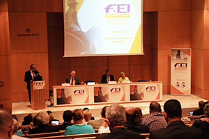 FEI Endurance Director Manuel Bandeira de Mello speaks at the 2017 FEI Endurance Forum, with panellists (L-R) Brian Sheahan, FEI Endurance Committee Chair, elite athlete Valerie Kanavy (USA), and Stephane Chazel (FRA), who is an event organizer, athlete and trainer. Photo by FEI/Morhaf Al Asaaf