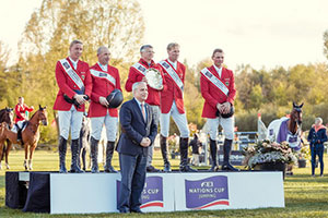 FEI President Ingmar de Vos (front) with Team Germany (left to right) - Mario Stevens, Holger Wulschner, Otto Becker (Team Germany Chef d'Equipe), Andre Thieme and Maurice Tebbel - after securing victory today in an electrifying three-way jump-off at the FEI Nations Cup™ Jumping Europe Division 1 opener in Lummen, Belgium. Photo by FEI/Christophe Taniere