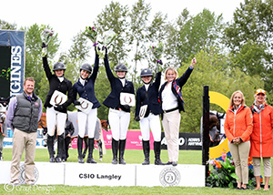 The Maple Leafs team of athletes, Megan Champoux of Aldergrove, BC, Mary Jones of Vancouver, BC, Jenna Lee Gottschlich of Edmonton, AB, Cassie Gorsline of Okotoks, AB and Chef d’Équipe Beth Underhill, earned their spot at the top of the podium in the CSIJ-A Team Event, held June 3, 2017 during the CSIO 4* Odlum Brown BC Open in Langley, BC. Photo by Grayt Designs