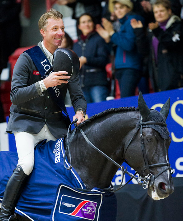The Netherlands’ Jur Vrieling was a happy man after clinching victory and maximum points in the second leg of the Longines FEI World Cup™ Jumping 2017/2018 Western European League at Helsinki, Finland, riding VDL Glasgow v. Merelsnest. Photo by FEI/Satu Pirinen