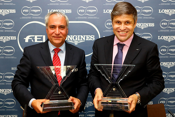 FEI President Ingmar de Vos and Mr Juan-Carlos Capelli, Vice President of Longines and Head of International Marketing celebrate today’s announcement of the first ever Best Jumping Rider & Best Horse Awards at a press conference in Barcelona (ESP). Photo by Longines/Pierre Costabadie