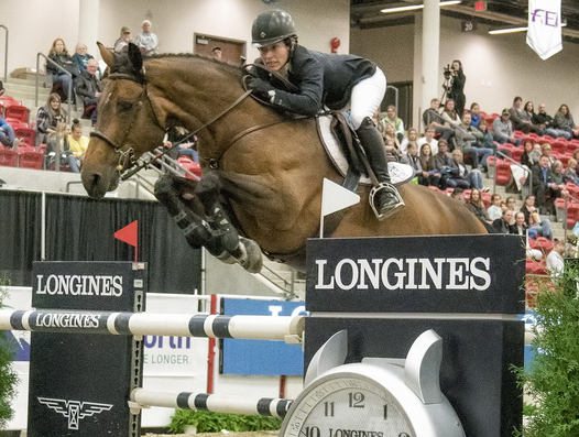 Isabelle Lapierre with her horse Cescha M takes a second win for the season in Calgary on Saturday 28 October at the Longines FEI World Cup™ Jumping North American League. Photo by FEI/Amanda Ubell