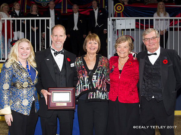 Mark Samuel received the JC Volunteer of the Year for 2017 award from members of the Equestrian Canada Jumping Committee at the Royal Horse Show. L to R: Jennifer Ward, Mark Samuel, Pam Law (Chair), Fran McAvity, Craig Collins. Photo by Cealy Tetley - www.tetleyphoto.com