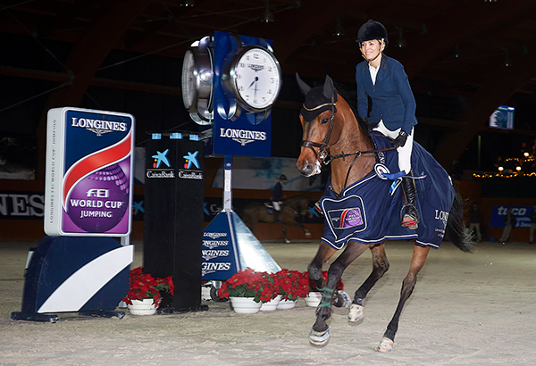 Australia’s Edwina Tops-Alexander celebrating victory with her lovely mare, California, in the seventh leg of the Longines FEI World Cup™ Jumping 2017/2018 Western European League series in La Coruna, Spain. Photo by FEI/Manuel Queimadelos
