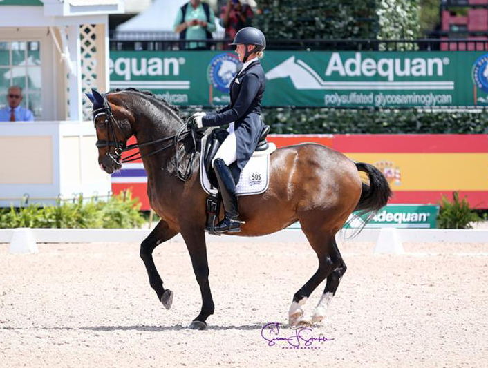 Megan Lane (CAN) finished fifth in the four-star special on San D’Or, but sat atop the leaderboard in the Grand Prix Special CDI3* riding her own 17-year-old Caravella to 71.617%.