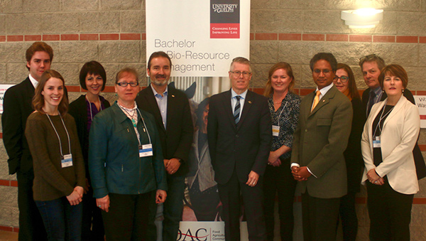 From L to R: Noah Morrissey, Jenny Mayer (AgScape), Dr. Heather Ramey (Research at the Centre of Excellence for Youth Engagement), Gayle Ecker, (Equine Guelph), Dr. Rene Van Acker (Ontario Agricultural College), Dr. Malcolm Campbell (University of Guelph), Dr. Bronwynne Wilton (Wilton Consulting Group), Akaash Maharaj (Global Organization of Parliamentarians Against Corruption), Tracey McCague-McElrae (Ontario Equestrian), Dominic Morrissey (PC candidate), Kim Leffley (Canadian Pony Club). Photo by Matthew Riediger