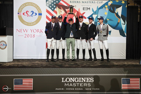 Riders Europe team including (left to right) Harrie Smolders, Peder Fredricson, chef d'equipe Philippe Guerdat, Gregory Wathelet, Kevin Staut, Olivier Philippaerts. Photo by World Red Eye for EEM