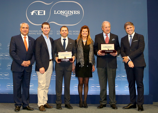 The Longines FEI awards for best jumping rider and best horse presented tonight at the Paris City Hall. From left to right : FEI President Ingmar De Vos, McLain Ward (USA), Kent Farrington (USA) winner of the Longines FEI Best Rider Award, Claudia Mathy, François Mathy and Juan-Carlos Capelli, Vice President of Longines and Head of International Marketing.