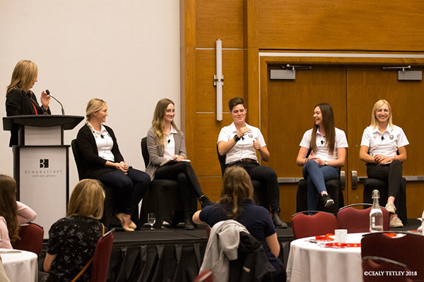 The Developing Canada’s Youth: Presentation & Athlete Panel generated an informative dialogue concerning the successful development of equestrian high performance youth athletes. L to R: Dina Bell-Laroche, April Simmonds, Jennifer Mattell, Annick Niemueller, Ava MacCoubrey, Vanessa Creech-Terauds. Photo by Cealy Tetley
