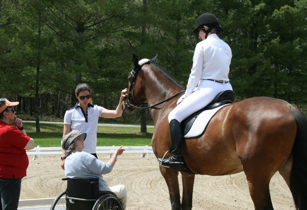 The Equestrian Canada Para-Dressage Training Camp, held May 13-15 in Almonte, ON, featured live feedback on test riding from FEI 5* Para-Dressage Judge, Sara Rodger (GBR) and EC Para-Dressage High Performance Technical Leader, Clive Milkins. L to R: JoAnne Chevalier, Sarah Rodger, Nathalie Desrosiers, Sophie Lehoux Photo © EC/Jamie-Ann Goodfellow