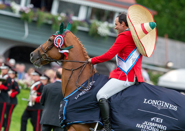 Patricio Pasquel celebrates in a sombrero after jumping two brilliant clear rounds with Babel to help Team Mexico to victory in the Longines FEI Jumping Nations Cup™ of Ireland in Dublin (IRL).
