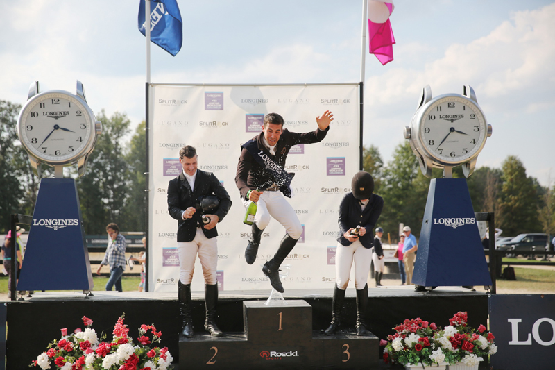 One giant leap to victory! Peter Lutz, Eugenio Garza Perez and Kelly Cruciotti celebrate atop the podium at the Longines FEI Jumping World Cup North American League qualifier in Columbus, Ohio.