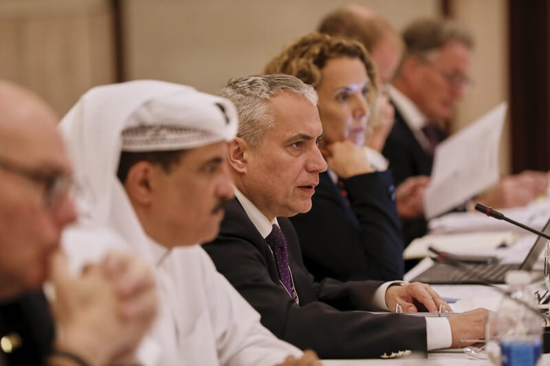 (L-R) H.E. Sheik Khalid Bin Abdulla Al Khalifa (BRN), FEI President Ingmar De Vos (BEL) and FEI Secretary General Sabrina Ibáñez at the FEI Bureau in-person meeting in Manama (BRN).