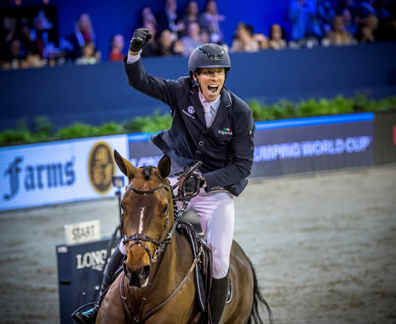 Sweden’s Henrik von Eckermann celebrates his extraordinary victory with Toveks Mary Lou in today’s twelfth leg of the Longines FEI Jumping World Cup™ 2018/2019 Western European League in Amsterdam (NED). Photo by FEI/Arnd Bronkhorst