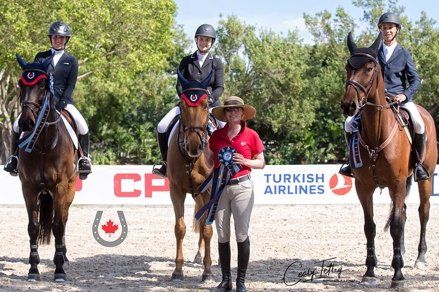 Despite being at a disadvantage with a three-member team and no drop score, The Eh Team pulled together to take second place in the CSIO-J Friendly Team Competition. L to R: Emma Bergeron, Sara Tindale, Beth Underhill, Marco Antoni Peixoto Ferreira Filho