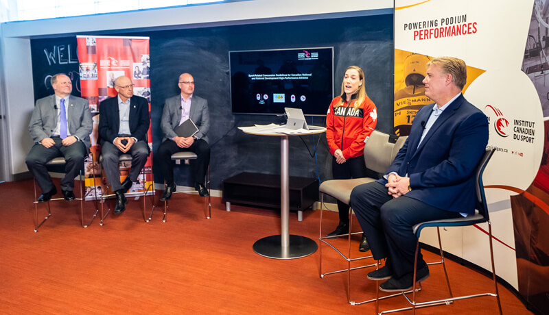 The Canadian Olympic and Paralympic Sport Institute Network announced a new national high performance sport concussion strategy at the Canadian Sport Institute Calgary in Calgary, AB, on March 18, 2018. Pictured (left to right) are Dr. Andy Marshall (CMO, Canadian Paralympic Committee) Dr. Robert McCormack (CMO, Canadian Olympic Committee), Dr. Andy Van Neutegem (Director, Performance Sciences, Research, Innovation - Own the Podium), Olympic wrestler Danielle Lappage, and Dr. Brian Benson (CMO and Director - CSI Calgary & Benson Concussion Institute). Photo by Dave Holland/Canadian Sport Institute Calgary