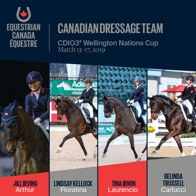 Canada will be represented in the CDIO 3* Nations Cup by Jill Irving/Arthur, Lindsay Kellock/Floratina, Tina Irwin/Laurencio and Belinda Trussell/Carlucci.