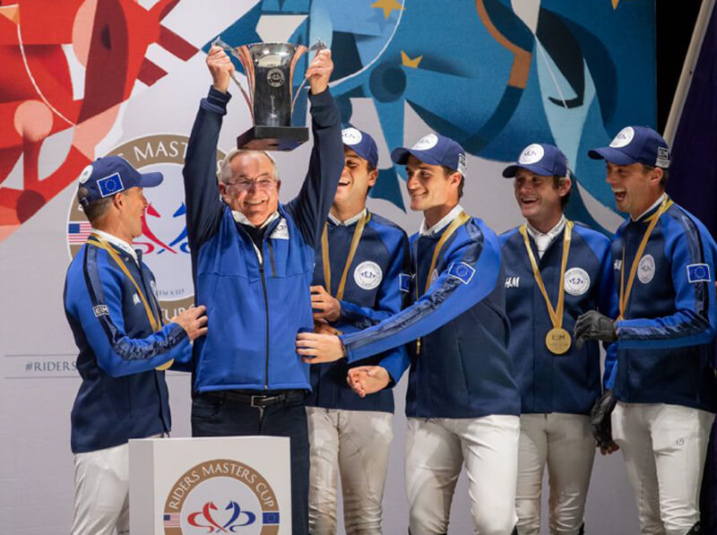Riders Europe celebrate a victory with Captain Philippe Guerdat, hoisting the Riders Masters Cup. Photo by Jessica Rodrigues for EEM