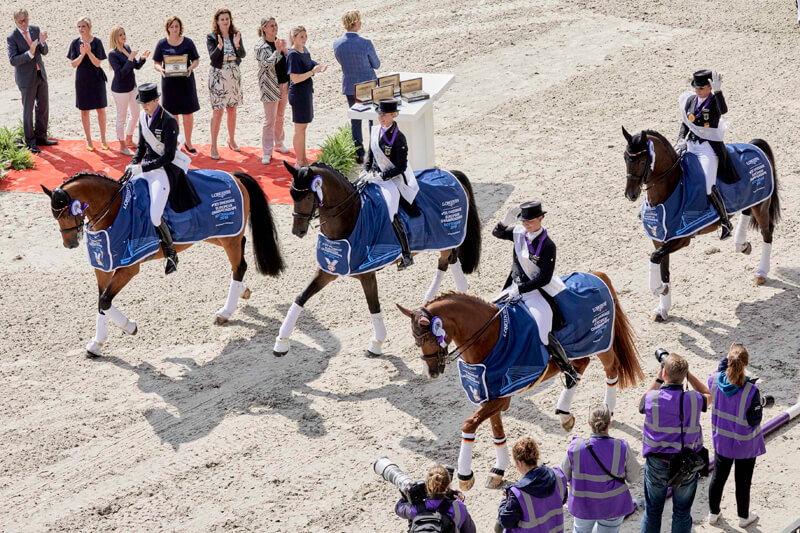 Germany claimed the team title for a staggering 24th time at the Longines FEI European Dressage Championships 2019 in Rotterdam, The Netherlands today. (L to R) Sonke Rothenberger, Jessica von Bredow-Werndl, Isabell Werth and Dorothee Schneider. Photo by FEI/Liz Gregg