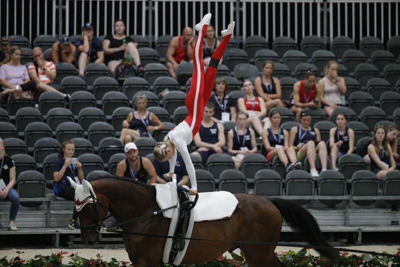 Averill Saunders was the top-placed Canadian in the Junior Female Individual competition at the FEI Vaulting World Championships for Juniors with Amontillado 9 and lunger, Jessica Bentzen of Parksville, BC. Photo by Digishots