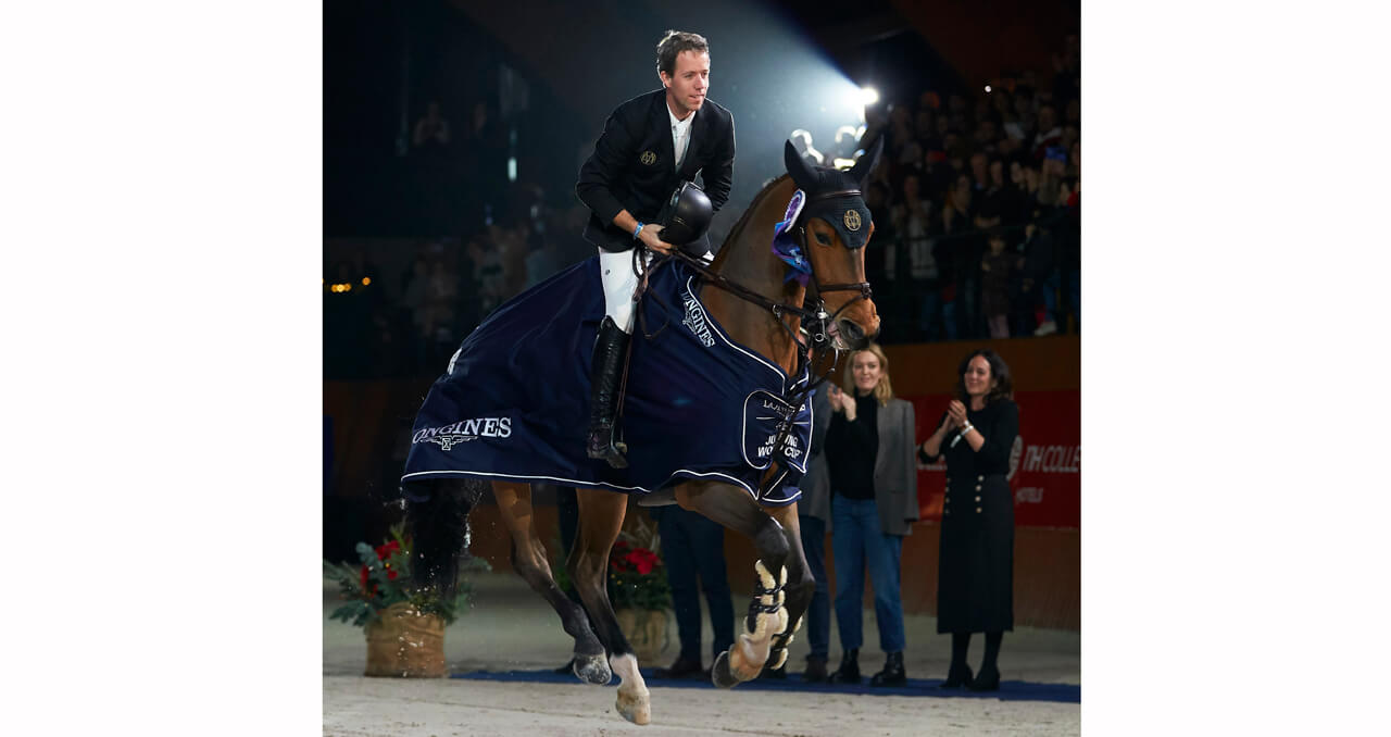The Netherlands’ Maikel van der Vleuten and his new star ride, the nine-year-old Beauville Z, could hardly keep their feet on the ground after their brilliant victory in the seventh leg of the Longines FEI Jumping World Cup™ 2019/2020 Western European League at La Coruña in Spain. (FEI/Manuel Queimadelos)