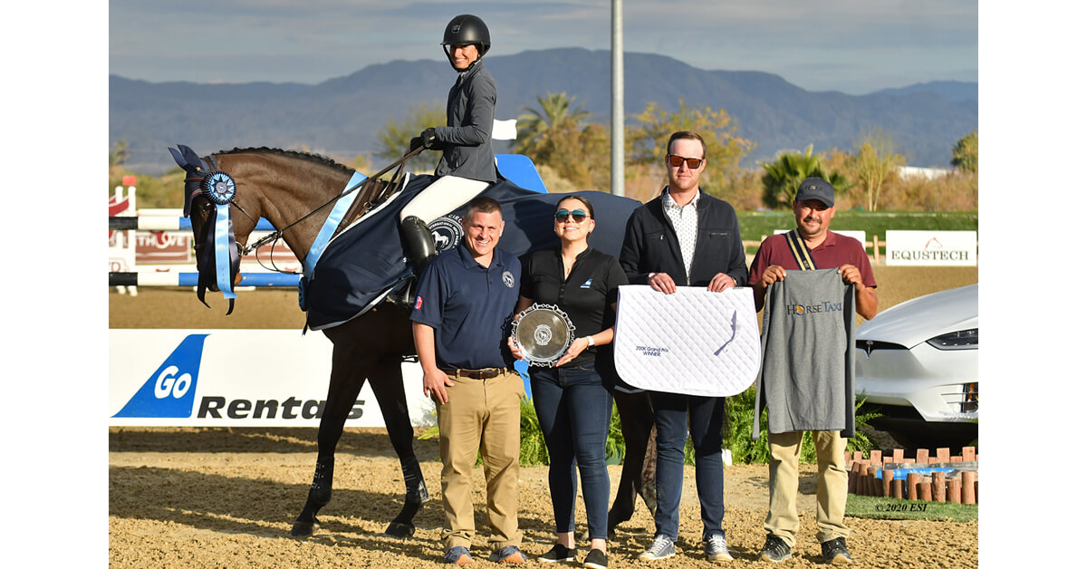 Kaitlin Campbell (San Marcos, CA) aboard Palina de L’escaut (Perigueux x Gardeulan) zoomed into first place in the $200,000 Go Rentals Grand Prix at the Desert International Horse Park
