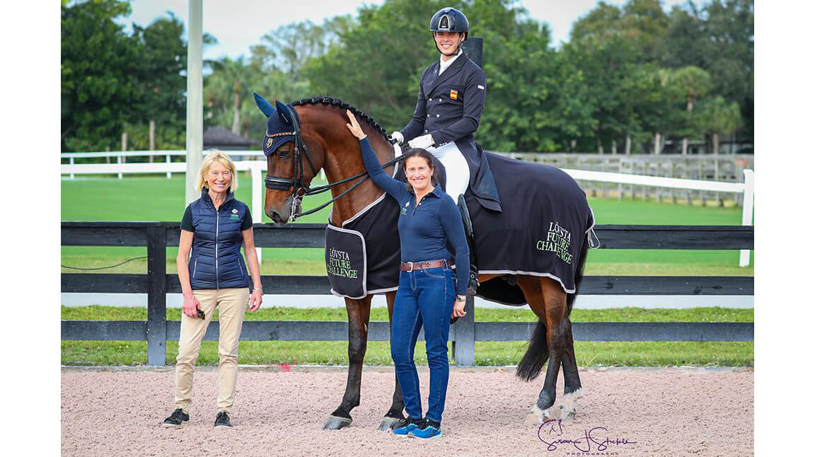 Pablo Gomez Molina and Ulises De Ymas in the prize-giving for the first Lövsta Future Challenge Intermediate II series qualifier of the season, with Swedish Olympic dressage rider Louise Nathhorst and Tinne Vilhelmson Silfven of Lövsta.