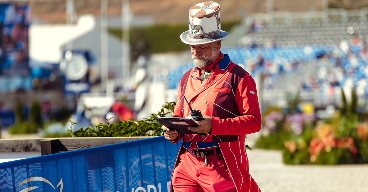 Resplendent in red.....Pedro the Ringmaster at the FEI World Equestrian Games™ 2018 in Tryon (USA). (FEI/Christophe Taniere)