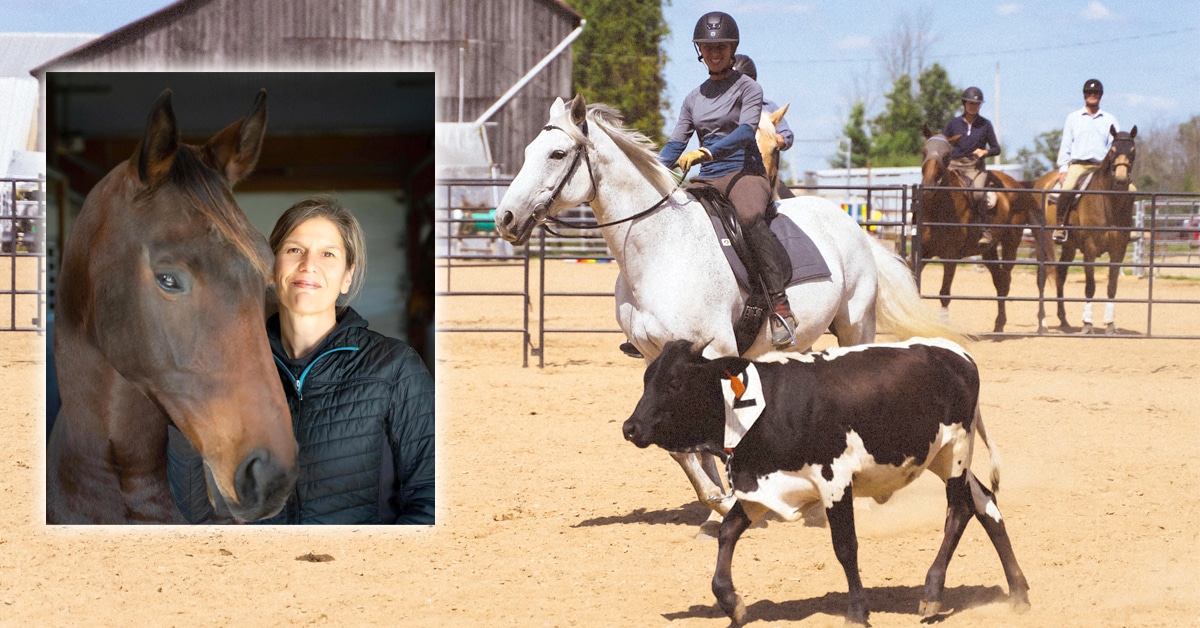 A photo of Lise Leblanc inset onto a photo of a woman herding a steer.