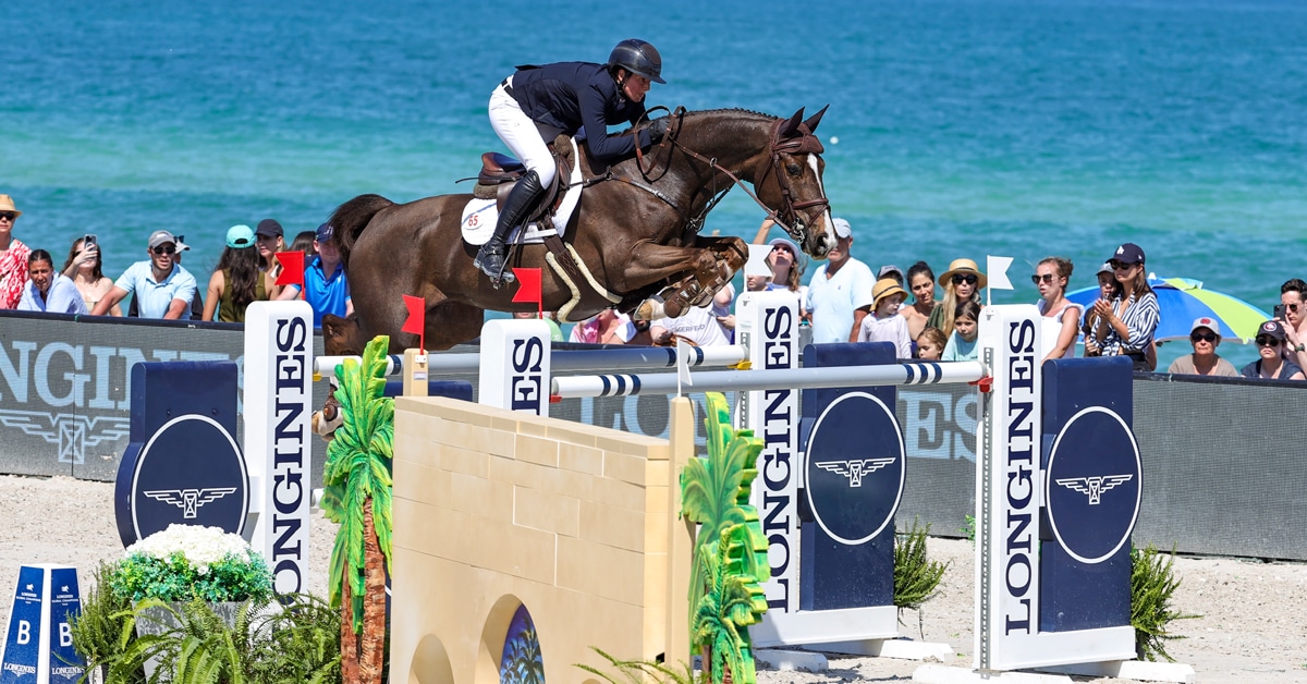 A rider and horse jumping a fence on Miami Beach with the ocean behind.