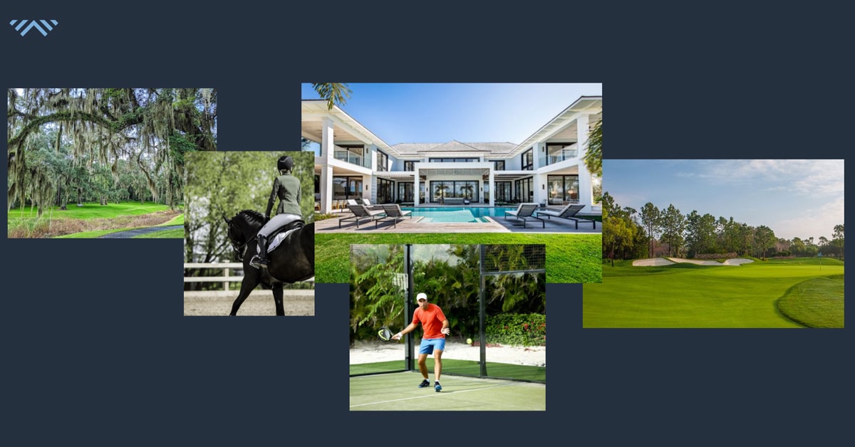 Images of a person riding a horse, a hotel swimming pool, a man playing tennis and a golf course.