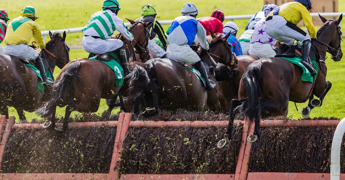 View of race horses and jockeys jumping a race track hurdle from behind.