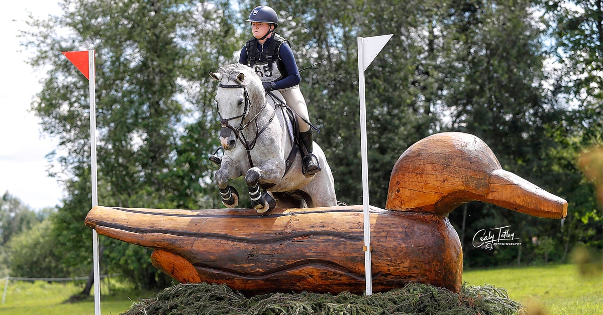 A girl jumping a grey horse over a log.