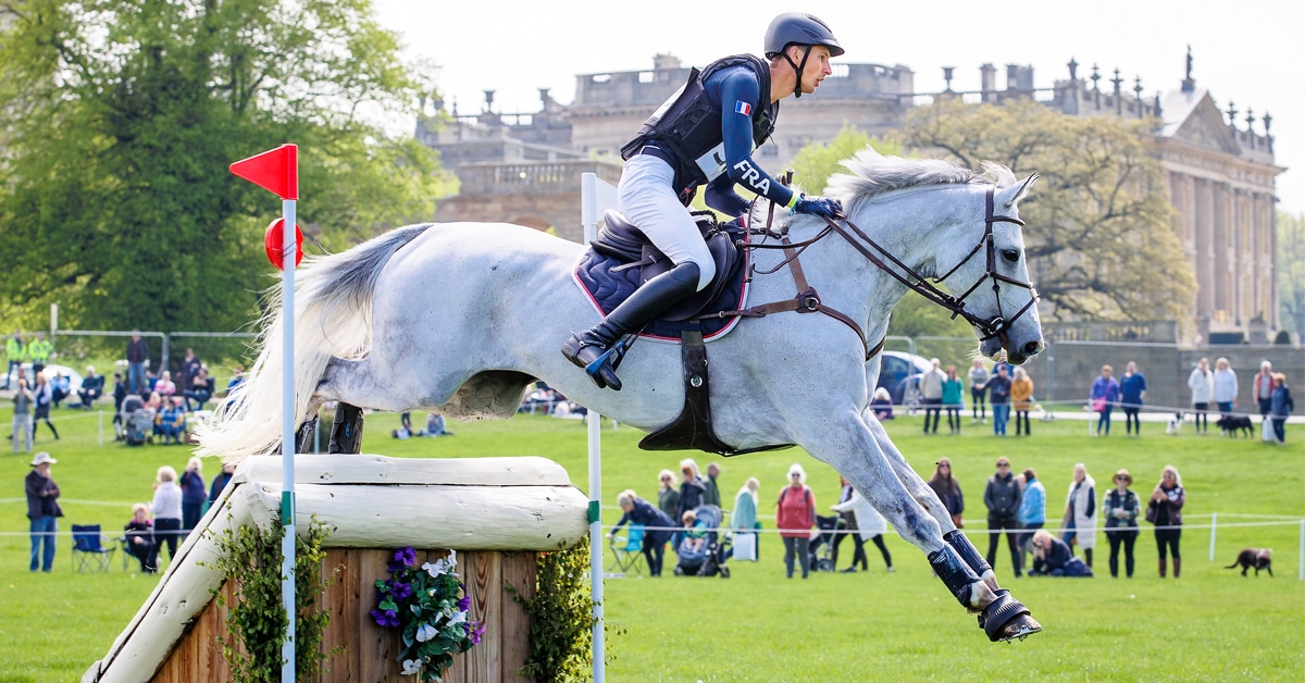Stephane Landois riding the grey Chaman Dumontceau during the cross-country at Chatsworth.