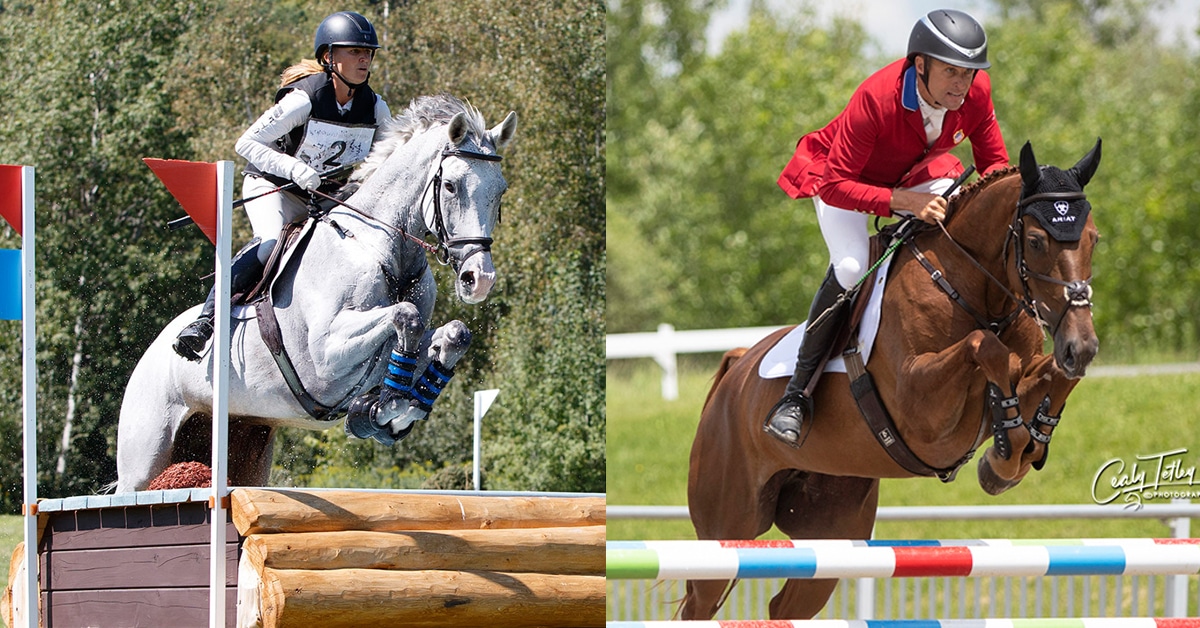 Jessica Phoneix and Wabbit jumping a cross-country fence at Bromont; Boyd Martin riding over a show jumping fence.