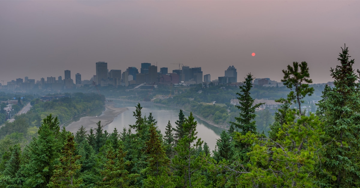 A smoky Edmonton skyline.