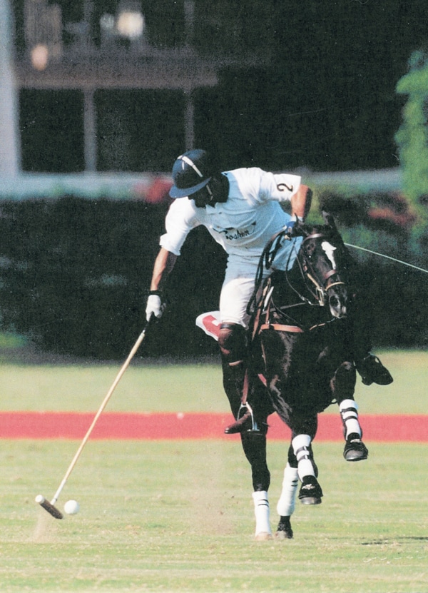A polo player on his horse at full gallop.